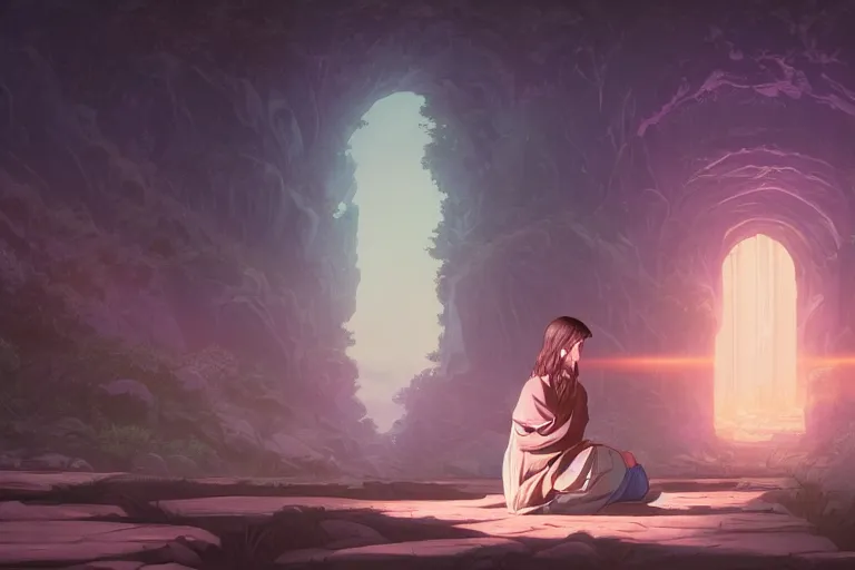 Prompt: a portrait of jesus praying, gorgeous, fantasy by dan mumford, yusuke murata and makoto shinkai, 8 k, cel shaded, unreal engine, featured on artstation, pixiv