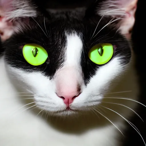 Image similar to [white cat with green eyes] to the left in the picture, [black cat with yellow eyes], to the right in the picture