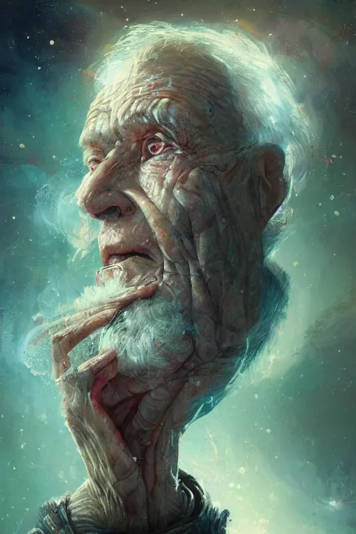 Image similar to the look of an elderly person full of wrinkles and imperfections by artgem and greg rutkowski, highly detailed, vivid colors, trippy, nebula, trending on artstation