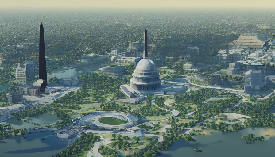 Prompt: futuristic washington dc with humongous glass buildings, big capitol, giant white house, gigantic park with a lake, hyperdetailed, artstation, cgsociety, 8 k