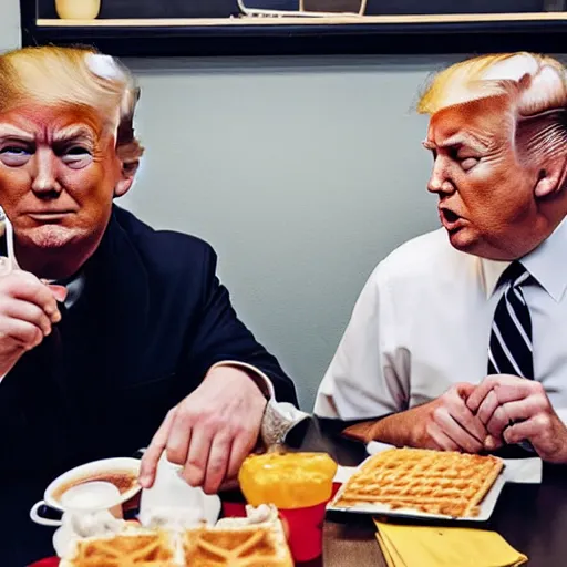 Image similar to photograph of trump and Biden sitting and eating breakfast at a Wafflehouse