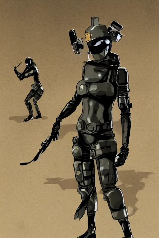 Image similar to robot ninja mask helmet metalgear solidsnake pose training suit swat heros chaykin howard and campion pascale and cooke darwyn and davis jack illustration character design concept the phantom pain cosplay sniper wolf