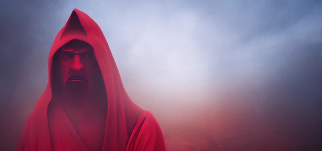 Image similar to an evil demon wearing red robes in a desert, evil face, bright eyes, sunny weather, rendered in octane, realistic, 8 k, vivid, intricate, detailed, mist, fog, dramatic light