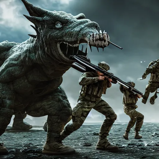 Image similar to a team of soldiers shooting at a very big scary monster, 3 d render, octane, ray tracing, ultra high resolution, ultra detailed, photorealistic, 8 k