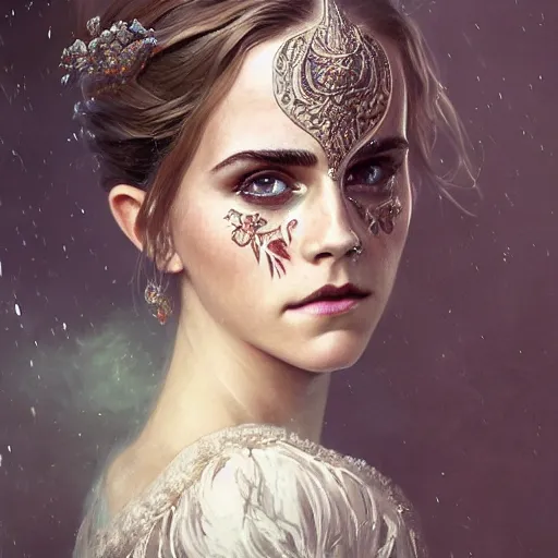 Prompt: a photorealistic dramatic fantasy render of a beautiful woman emma watson wearing a beautiful intricately detailed mask and clasical dress by wlop, artgerm, greg rutkowski, alphonse mucha, epic, beautiful dynamic dramatic dark moody lighting, shadows, cinematic atmosphere, artstation, concept design art, octane render, 8 k