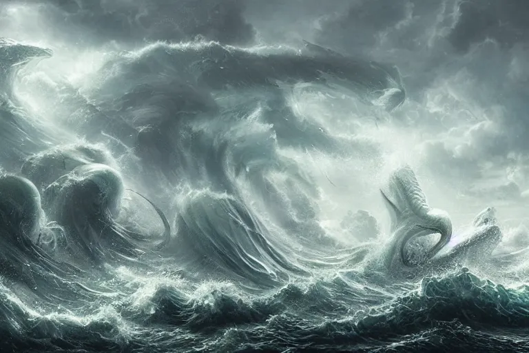 Image similar to immense powerful serpentine sea monsters battling among crashing waves, highly detailed fantasy art, dramatic lighting, stormy weather, great quality,