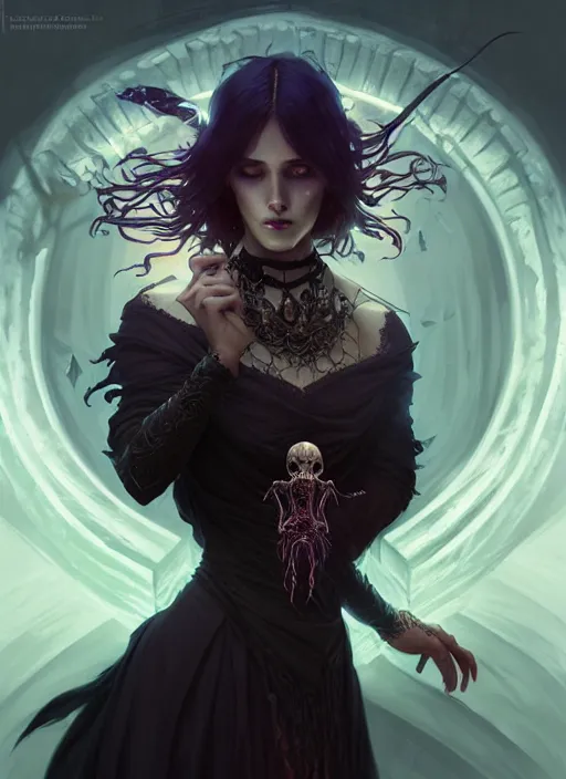 Image similar to Necromancer Sorceress, fantasy magic, undercut hairstyle, dark light night, intricate, elegant, sharp focus, illustration, highly detailed, digital painting, concept art, matte, art by WLOP and Artgerm and Greg Rutkowski and Alphonse Mucha, masterpiece