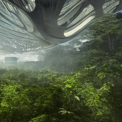 Image similar to extreme wide shot a futuristic containment building in a rainforest valley with a city in the distance, national geographic, hyper realistic, 4 k, harsh light, artstation