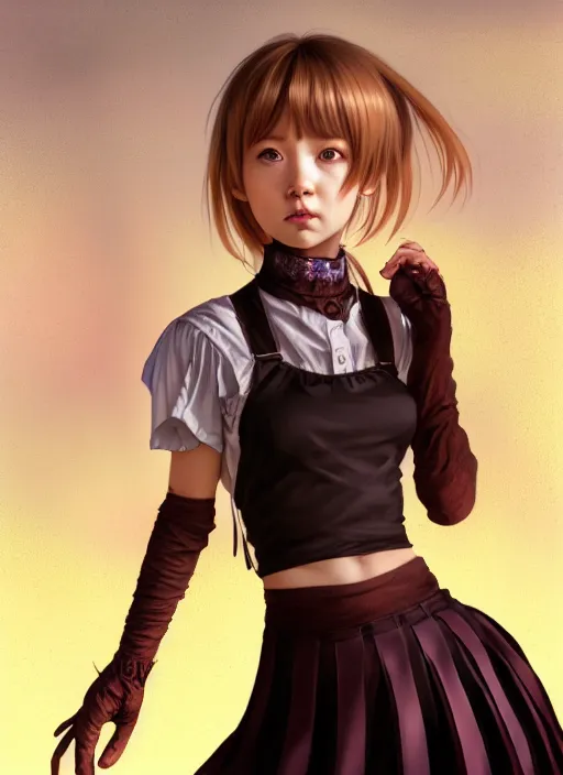 Image similar to portrait of a full body of beautiful young female detective, d & d, sleeveless turtleneck, pleated skirt, fantasy, flat lighting, intricate, highly detailed, digital painting, artstation, concept art, smooth, sharp focus, illustration, misa amane, art by simon bisley and greg rutkowski and alphonse mucha, natural tpose