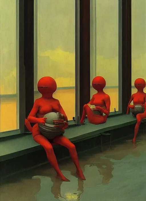 Prompt: spherical people gas masks at flooded restaurant Edward Hopper and James Gilleard, Zdzislaw Beksinski highly detailed