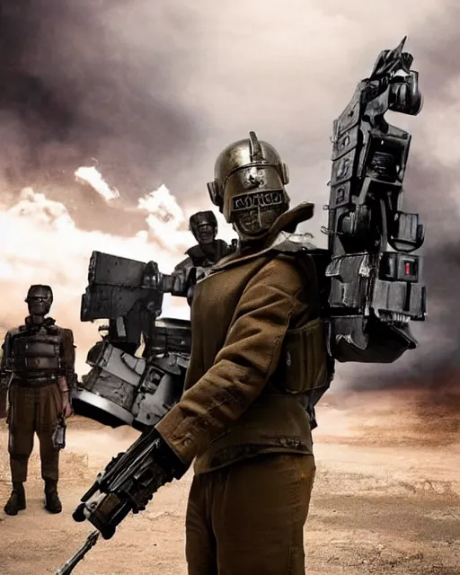 Image similar to Korean Actor Park Solomon as a Kerberos Panzer Cop in Live Action Jin Roh: The Wolf Brigade, wearing full Kerberos Panzer Cop armor and holding his MG 42 machine Gun, Studio Lighting, shot in the Style of Annie Leibovitz, Mamoru Ushii