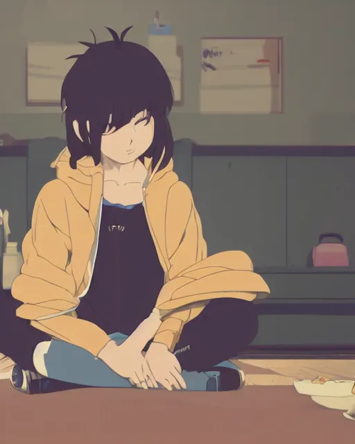 Image similar to a girl sitting on the toilet eating toast in a cluttered room, wearing a hoodie, anime scene by Makoto Shinkai, digital art, 4k