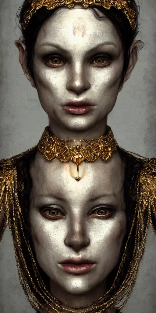 Image similar to realistic character concept, mime with lots of jewelry in the face, elegant pose, scifi, illustration, slender symmetrical face and body, artstation, cinematic lighting, hyperdetailed, cgsociety, 8 k, high resolution, charlie bowater, tom bagshaw, single face, insanely detailed and intricate, beautiful, elegant, golden ratio, dark fractal background, vfx, postprocessing