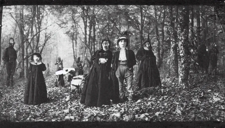 Image similar to photo of 19th century evil cultists hiding in deep dark forest by Diane Arbus and Louis Daguerre