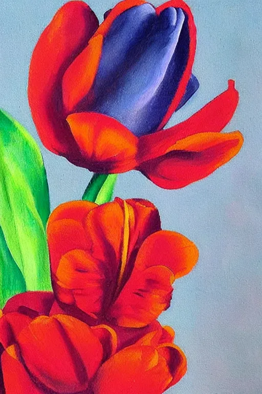 Image similar to a colorful painting of a tulip in the stale of frida kahlo with the colors of mexico