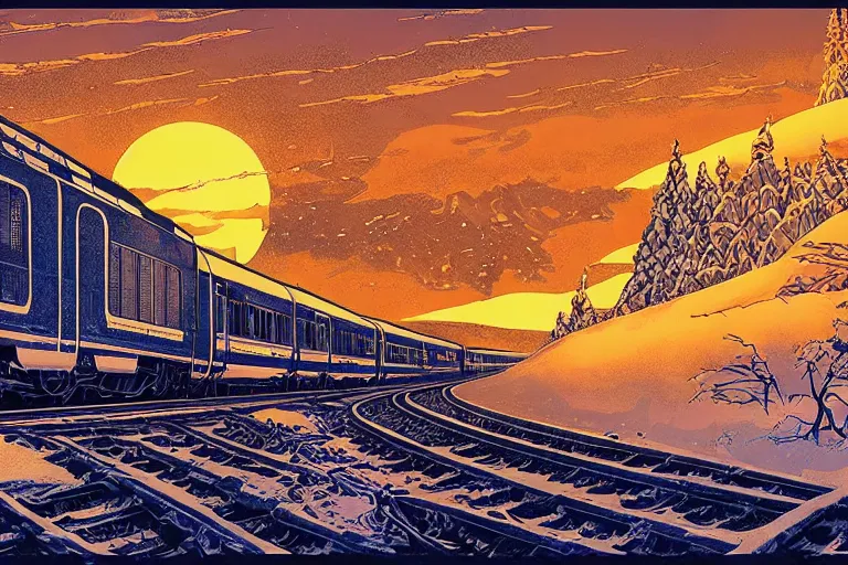 Image similar to trans - siberian express train illustration by joe fenton and syd mead and p. craig russell and barry windsor - smith, artstation, 4 k, graphic novel, concept art, matte painting, beautiful russian winter landscape sunset background, golden hour, art nouveau