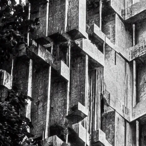 Image similar to lost film footage of a sacred brutalism totem in the middle of the tropical jungle / film still / cinematic / enhanced / 1 9 2 0 s / black and white / grain