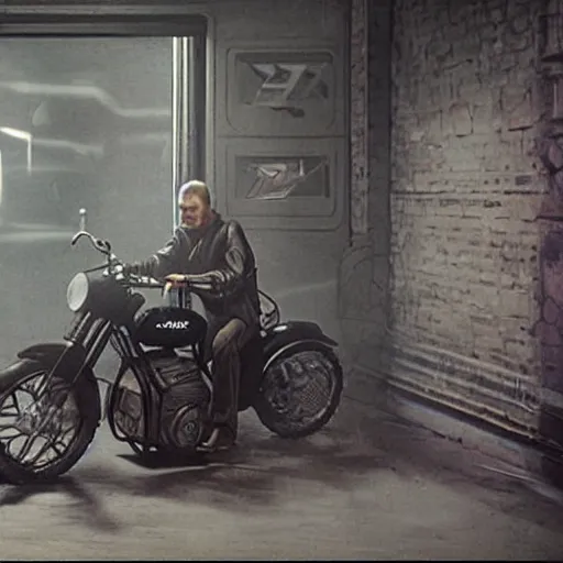 Prompt: a man sitting on a motorcycle in a room, a screenshot by giger, cg society, holography, reimagined by industrial light and magic, movie still, sci - fi