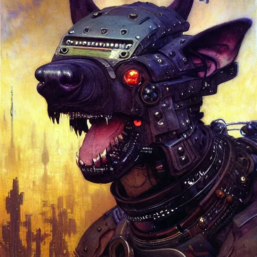 Prompt: portrait german dogman canine neuromancer. spaceship futuristic city. shadowrun cyberpunk fantasy d & d painting by gaston bussiere craig mullins jc leyendecker gustav klimt artgerm greg rutkowski john berkey, bergey, craig mullins, ruan jia, raymond swanland, jeremy mann, beksinski, jack kirby, tom lovell