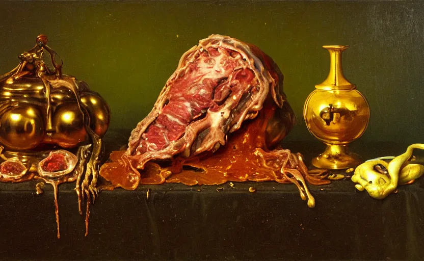 Prompt: disturbing colorful oil painting dutch golden age vanitas still life sparse composition interesting scaling with bizarre objects strange gooey transparent surfaces shiny metal reflections bizarre mutant meat insects rachel ruysch dali todd schorr very detailed perfect composition rule of thirds masterpiece canon 5 0 mm, cinematic lighting, photography, retro, film, kodachrome