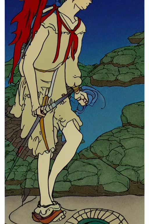 Prompt: the fool tarot card as drawn by studio ghibli, whole card, white frame