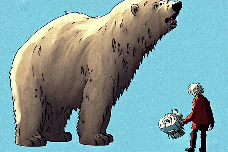 Image similar to cell shaded cartoon of a giant lovecraftian polar bear from howl's moving castle ( 2 0 0 4 ), with a mechanical city on his back as a backpack, on an icy road, full body, wide shot, very muted colors, post grunge, studio ghibli, highly detailed, deviantart, art by artgem