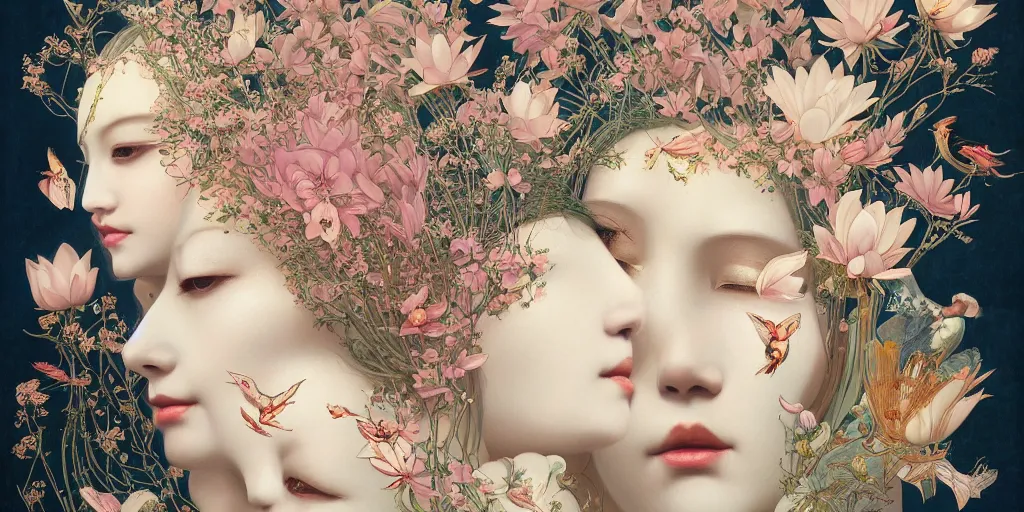 Image similar to breathtaking detailed concept art painting art deco pattern of blonde faces goddesses amalmation lotus flowers with anxious piercing eyes and blend of flowers and birds, by hsiao - ron cheng and john james audubon, bizarre compositions, exquisite detail, extremely moody lighting, 8 k