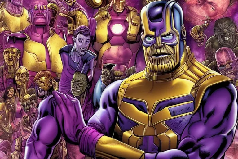 Image similar to thanos working at a fast food chain serving ironman, ultra realistic, hdr, symmetrical, by joe jusko