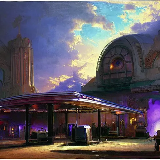 Prompt: painting of syd mead artlilery scifi organic shaped gas station with ornate metal work lands on a farm, roman architecture, volumetric lights, purple sun, andreas achenbach