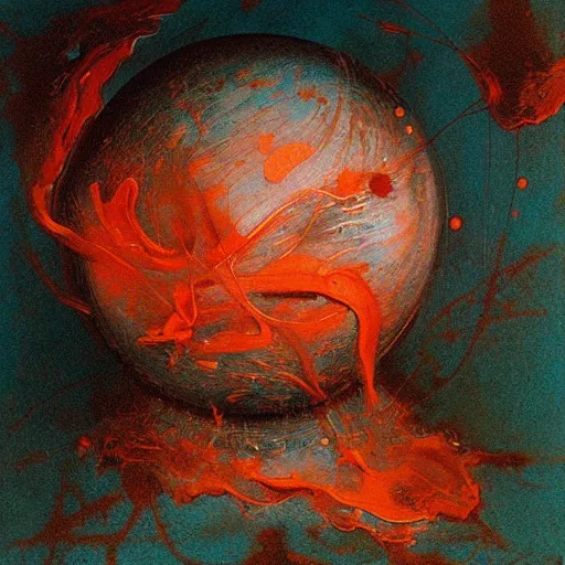 Image similar to a sphere being devoured by abstract splatters of paint in the style of francis bacon, venus being engulfed in flames in the style of james jean, surreal, beksinski, high detailed