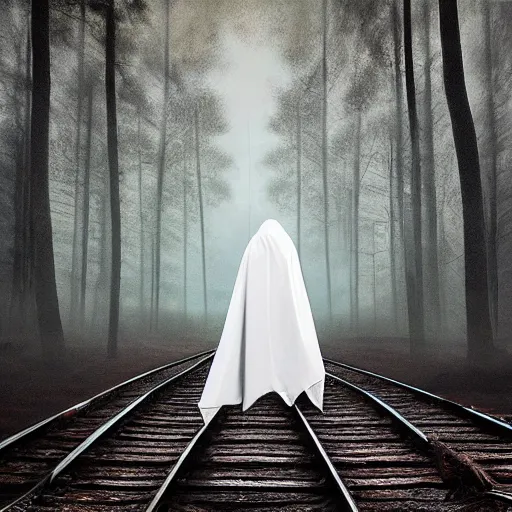 Image similar to ominous bedsheet ghost standing near train tracks in the forest, oil painting, brush strokes, gloomy foggy atmosphere, symmetrical, full body image, highly ornate intricate details,