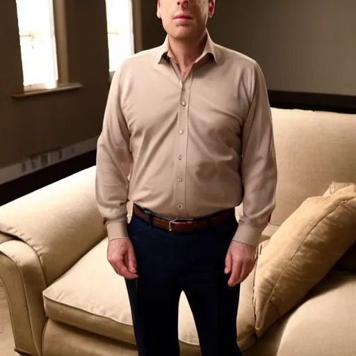 Image similar to full body photo of michael scott, mature male, mysterious face. he is sitting gracefully on a sofa, elegant slim beige shirt, tight shirt, bally belly