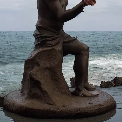 Prompt: a statue of a man holding a phone the background is the sea by greg rutkowski