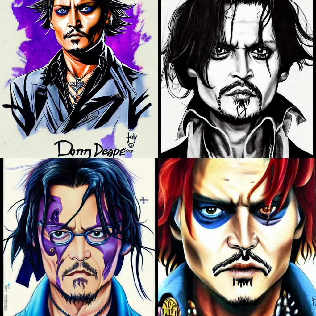 Prompt: Johnny Depp, in JoJo\'s Bizarre Adventure, highly detailed mugshot illustration by Takehito Harada