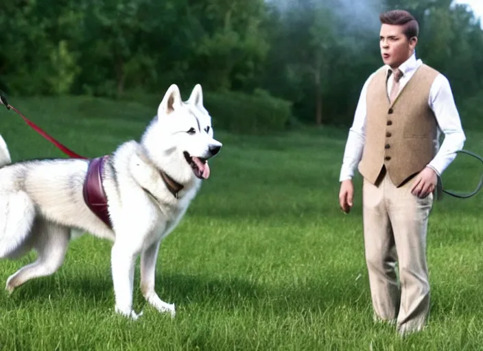 Image similar to film still of an anthropomorphic standing upright man dog white vested husky!!!!!! in a white vest wearing a white vest!!!!! in the new sci - fi movie, 8 k