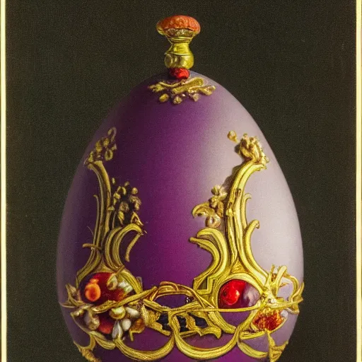 Prompt: a ornate detailed red and purple glowing egg, a faberge egg, an eggplant fruit still on the vine