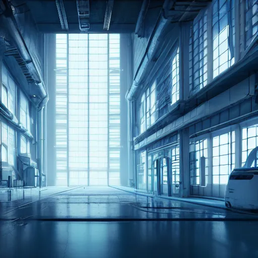 Image similar to the inside of a very tall factory, big pods, big windows, octane render, cool colour scheme, white, cyberpunk architecture, cinematic, scenery, unreal engine, render, cgsociety, modernism, futuristic, artstation, sci - fi, high detail, high quality, close up angle,