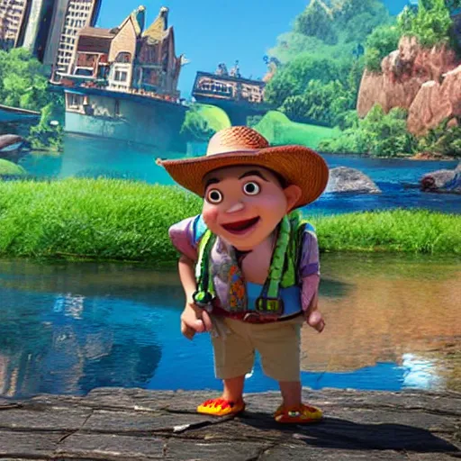 Prompt: a crocodile dressed as a tourist, pixar movie still