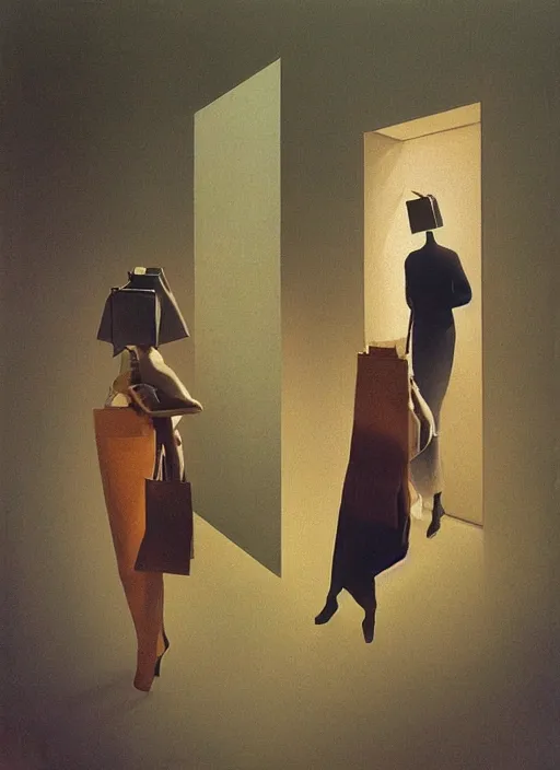 Image similar to women in paper bag over the head with portable oxygen tank Edward Hopper and James Gilleard, Zdzislaw Beksinski, highly detailed