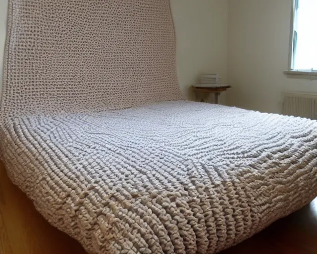 Prompt: crocheted bed, entire bed made of thick soft yarn woven in intricate patterns, comfy, comfortable, warm, soothing, relaxing, wholesome