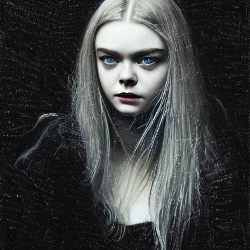 Prompt: a striking esoteric painting of Elle Fanning in the rain, dark, metal, black background, occult, by Edward Hughes