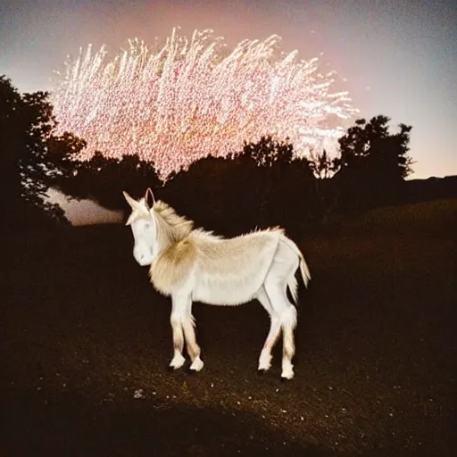 Image similar to “fireworks in the night sky raining down embers and sparks and brightly burning pieces falling from the sky, a pale donkey stands in a field in the darkness. Photography. Flash photo. Cursed image.”