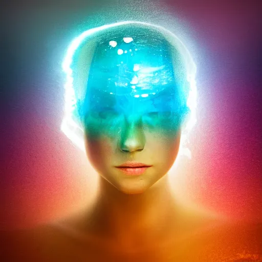 Prompt: water artwork manipulation in the shape of a human head, on the ocean water, futuristic, abstract art, glowing, gradient, hyper realistic, ray tracing, realistic water, sharp focus, long shot, 8 k resolution, cinematic, photoshop water art