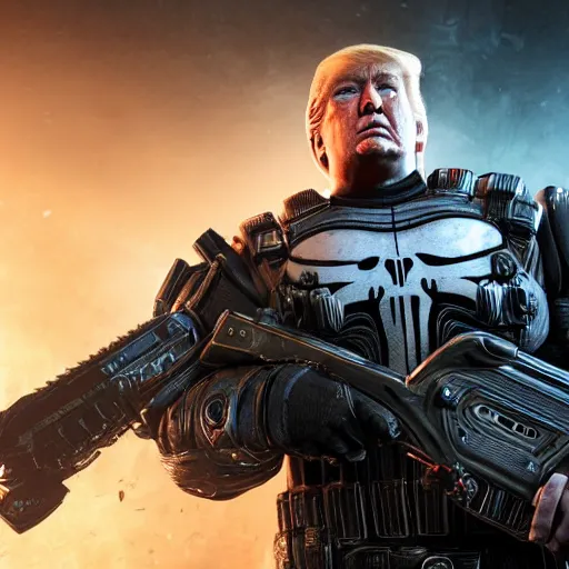 Image similar to Photo portrait of Donald Trump as ((the punisher)) in Gears of War, splash art, movie still, detailed face, photorealistic facial features, cinematic lighting, dramatic, octane render, long lens, shallow depth of field, bokeh, anamorphic lens flare, 8k, hyper detailed, 35mm film grain