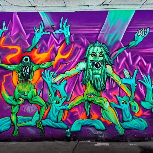 Image similar to mural of demons in rave party in hell by Chor Boogie