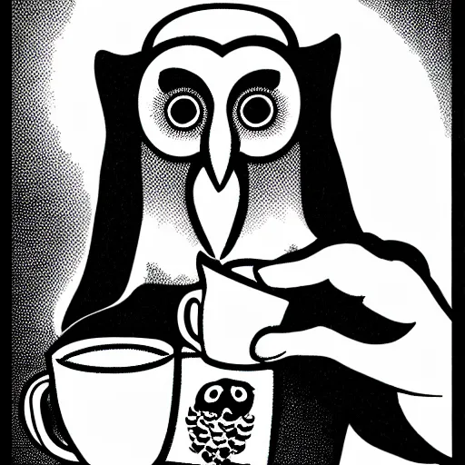 Prompt: black and white comic of a man with the head of an owl, holding a mug of coffee