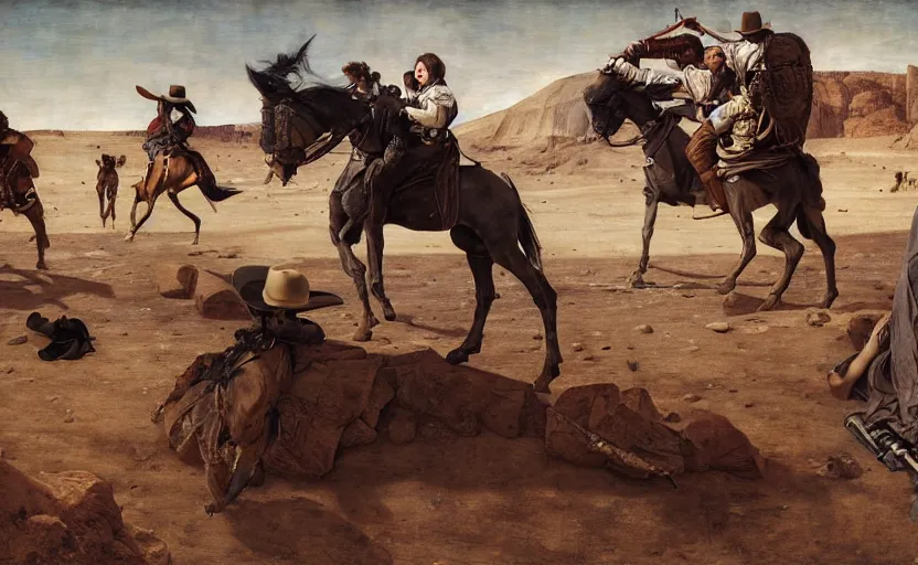 Image similar to a cowboy shootout on the moon by edgar maxence and caravaggio and michael whelan and delacroix style, artistic, intricate painting, cinematic lighting, hyper realistic, extremely detailed, establishing shot, 8 k resolution, dramatic lighting