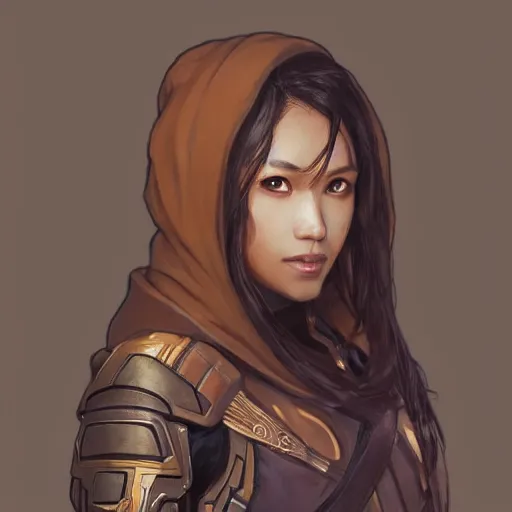 Image similar to a brown skinned asian woman in destiny hunter armor, wearing a hooded cloak, beautiful face!!!!, blue eyes, brown hair in a bob, 2 7 years old, cg animation, realistic, character select portrait, by artgerm, greg rutkowski, alphonse mucha, 3 d