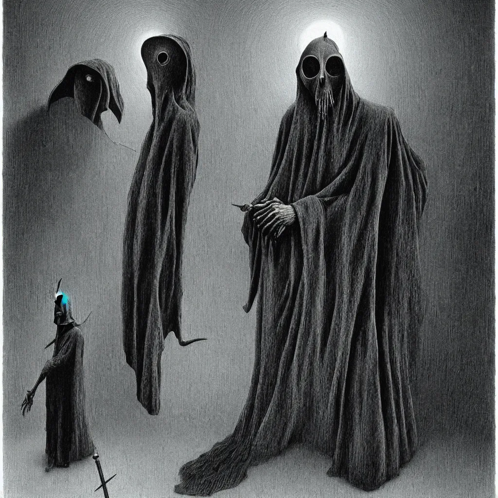 Prompt: Plague doctor. Coffin. Zdzisław Beksiński.