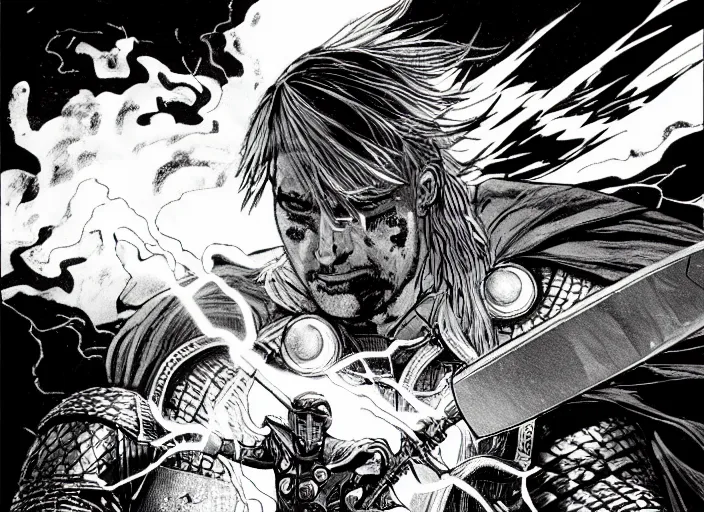 Image similar to thor with blond hair catches lightning and holds an ax in an epic battle with storm clouds with faces monsters by tsutomu nihei, black and white, epic battle background, comic, cinematic